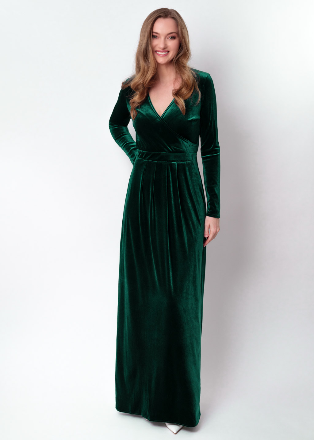 Emerald green velvet wrap long dress