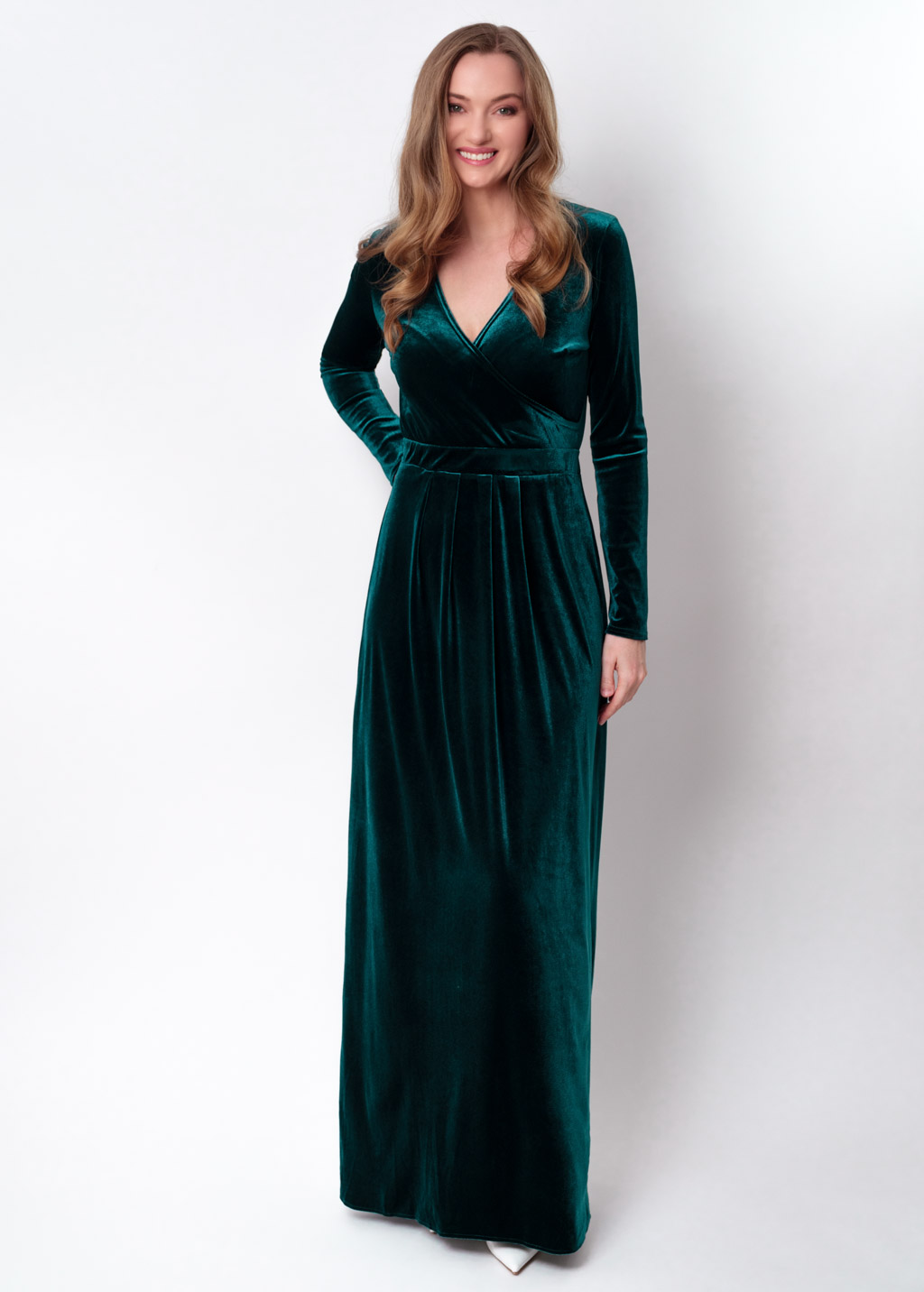 Teal green velvet wrap long dress