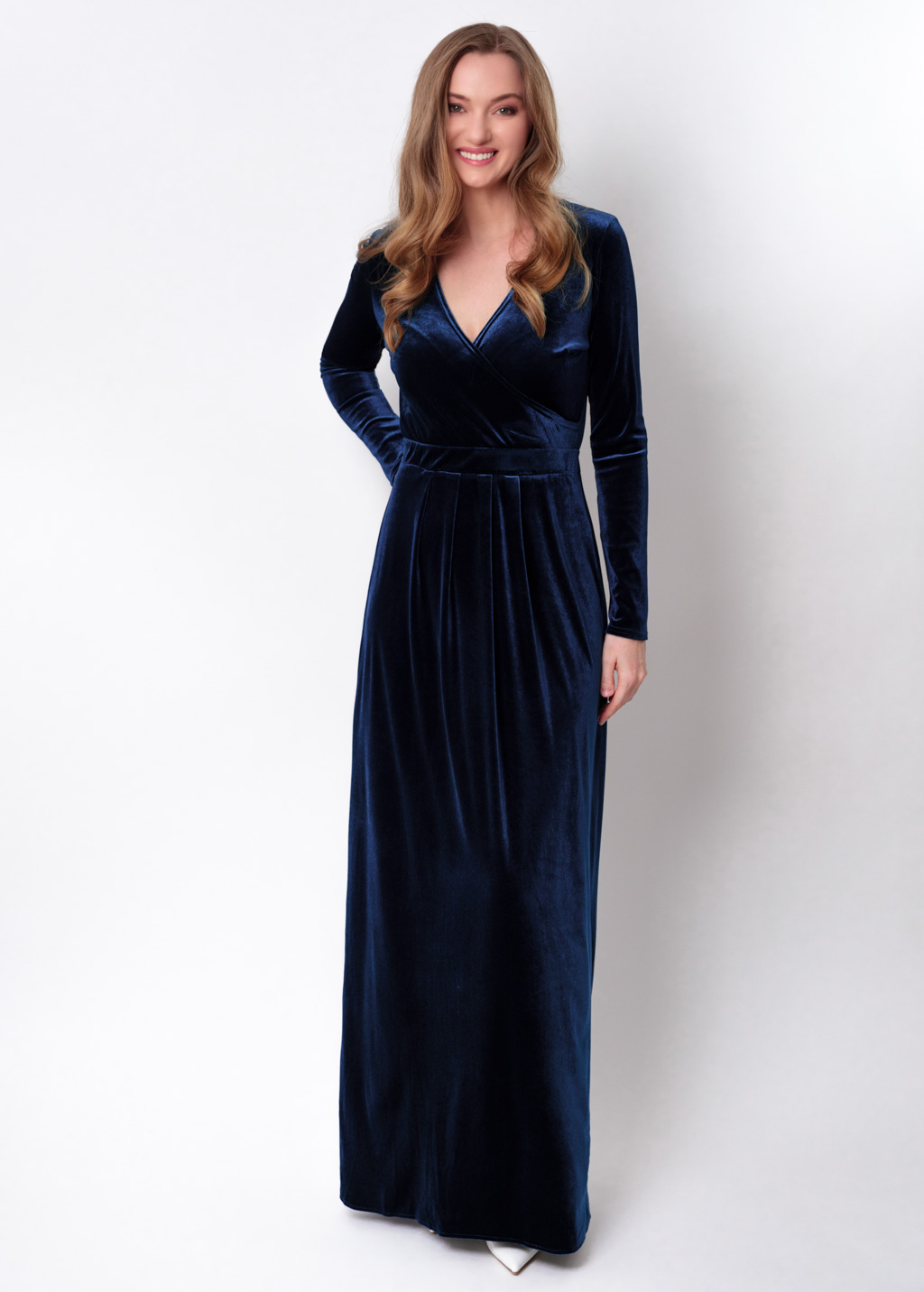 Navy blue velvet wrap long dress
