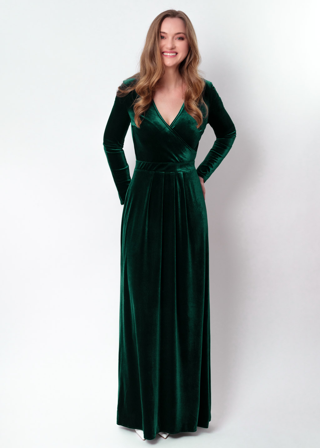 Emerald green velvet wrap long dress