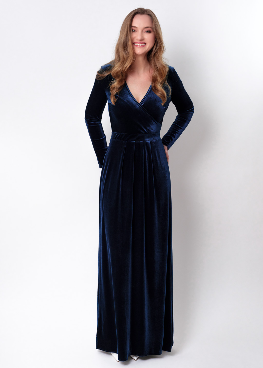 Navy blue velvet wrap long dress