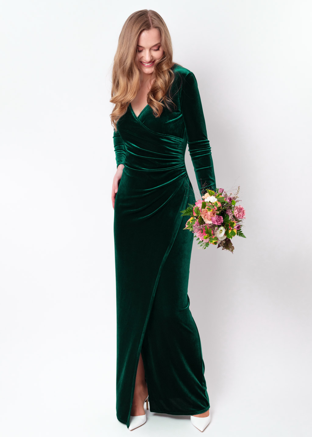 Emerald green long wrap bodycon velvet dress