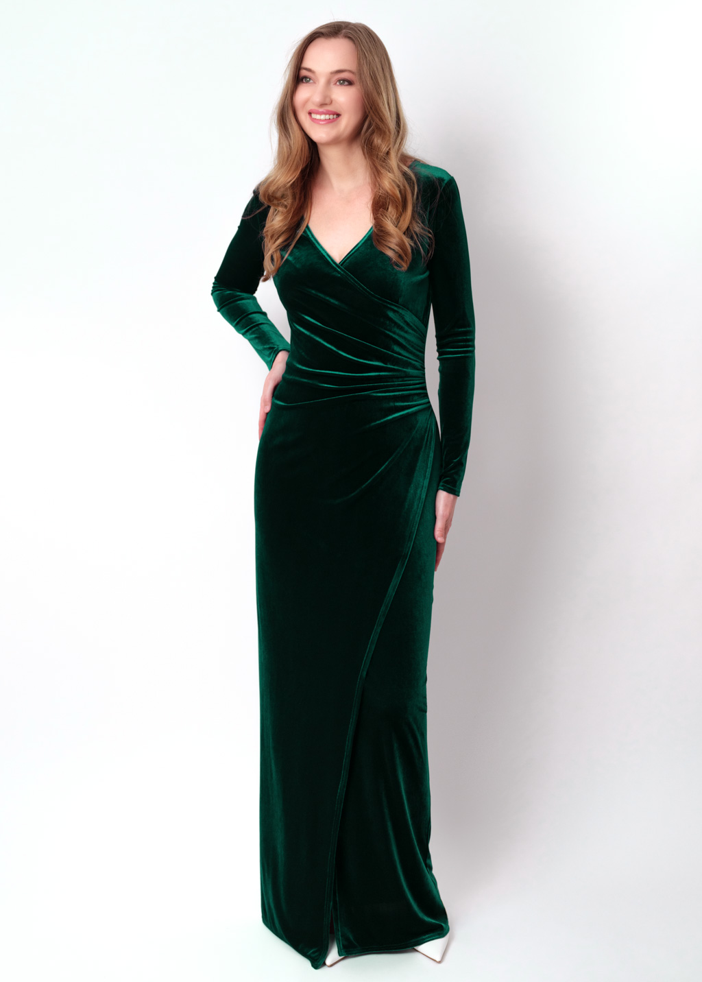 Emerald green long wrap bodycon velvet dress