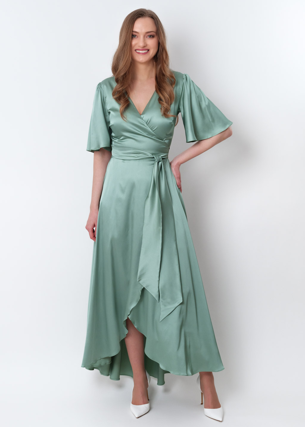 Sage green silk long wrap dress