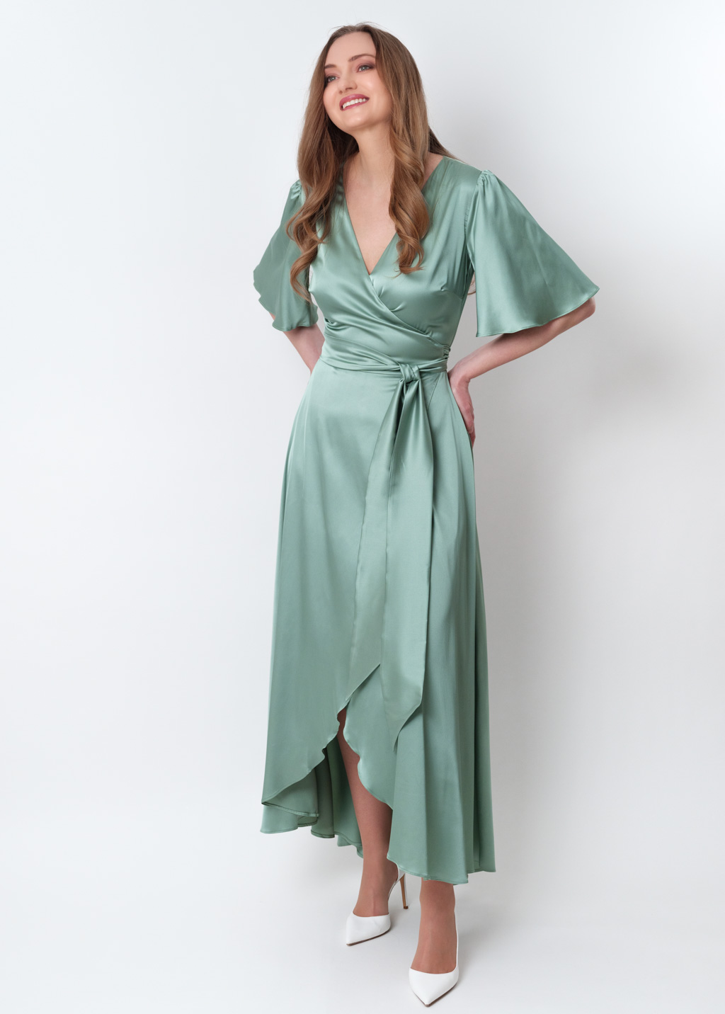 Sage green silk long wrap dress