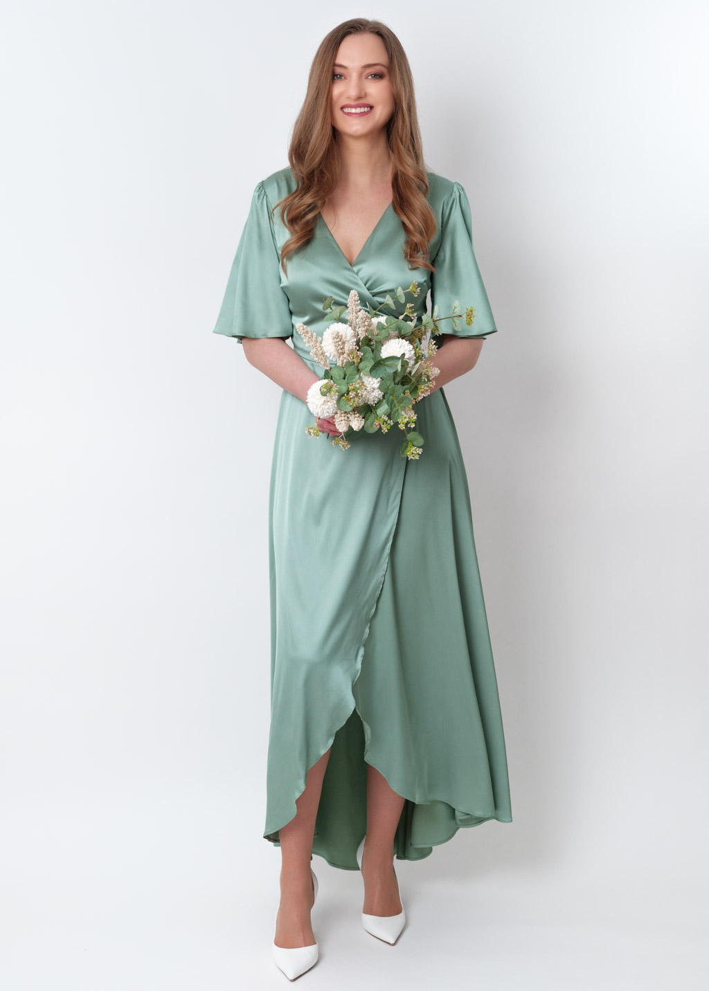 Sage green silk long wrap dress