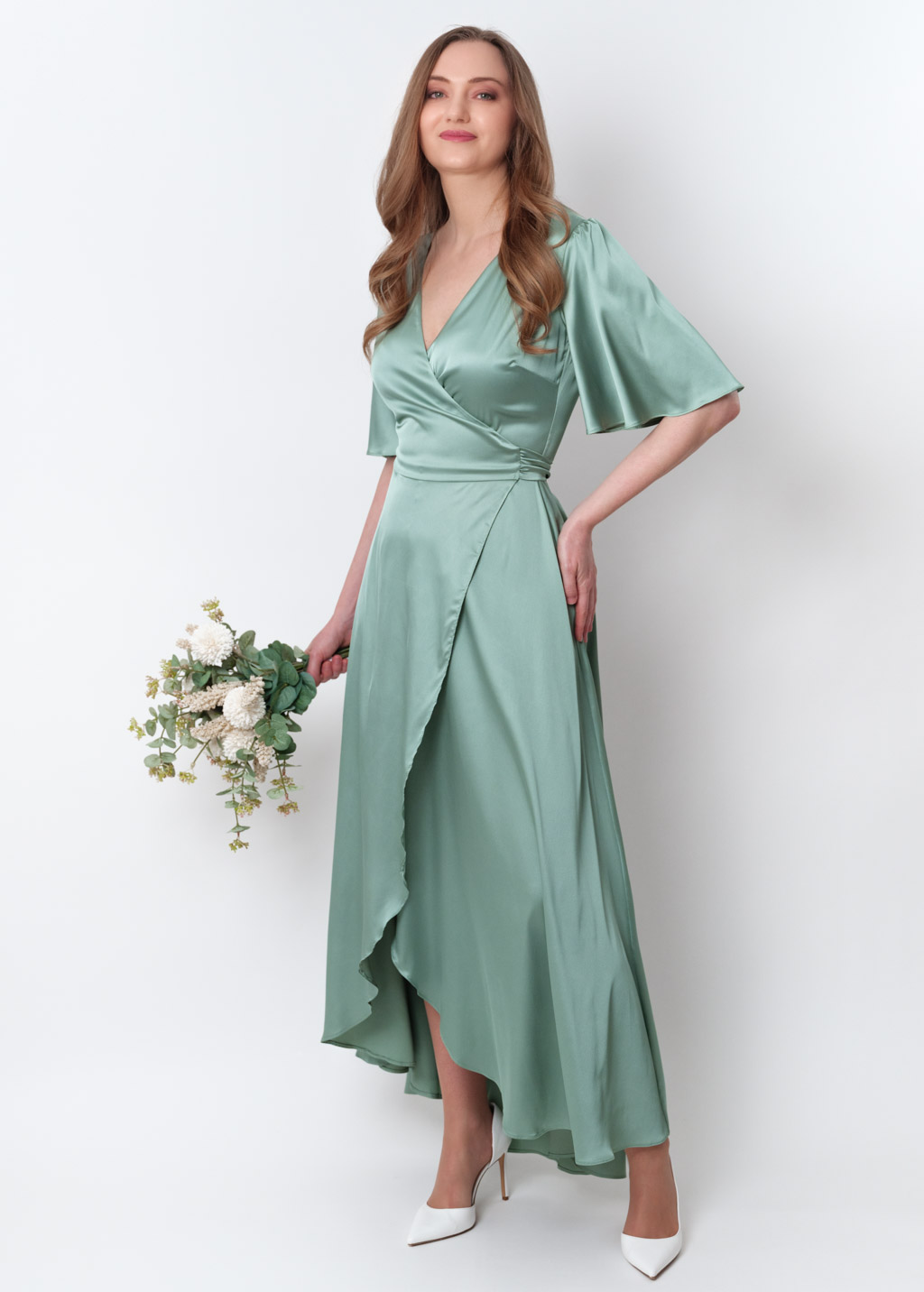 Sage green silk long wrap dress