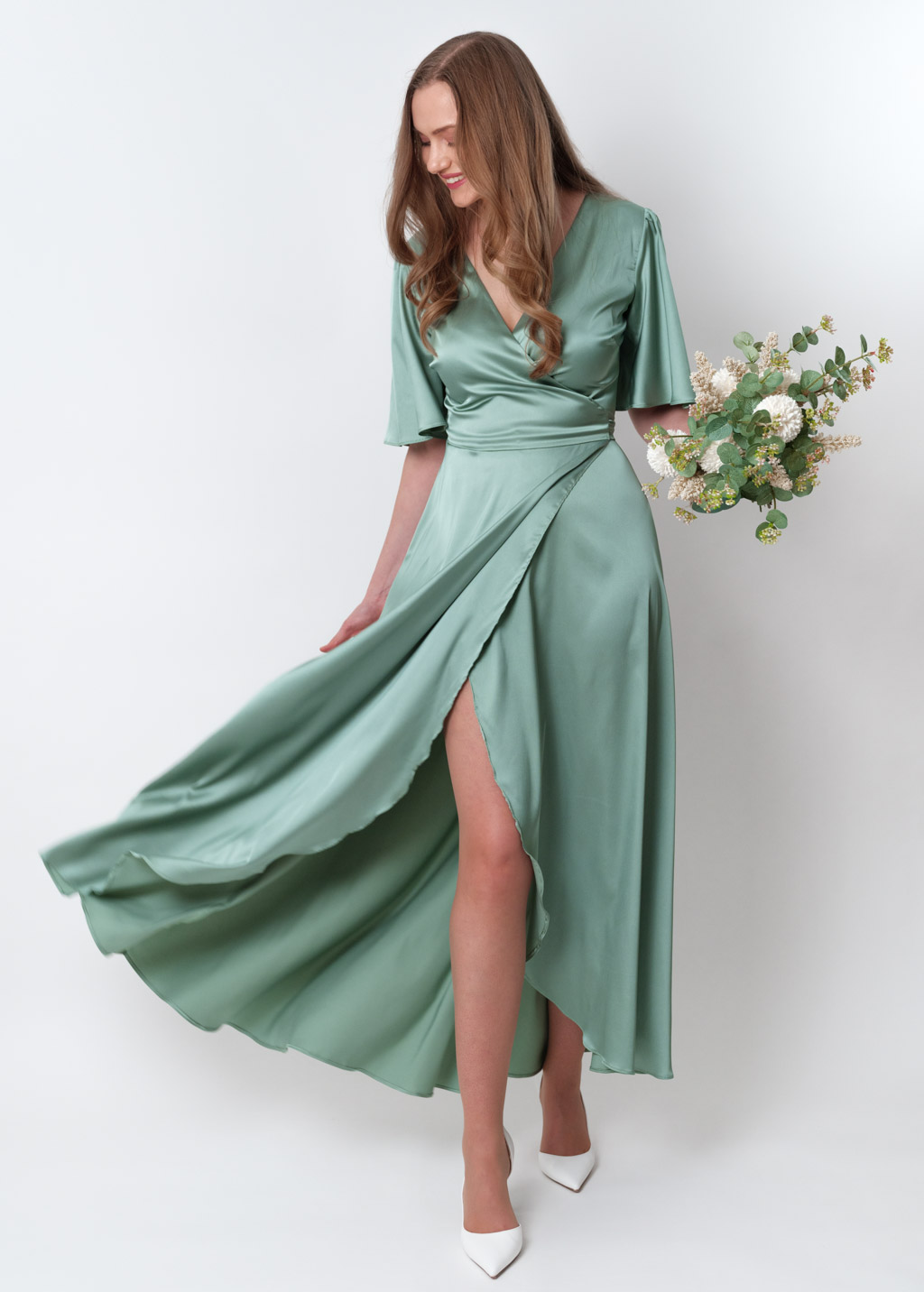 Sage green silk long wrap dress