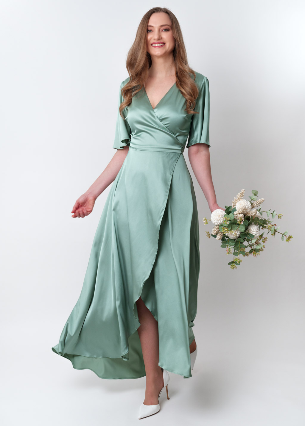 Sage green silk long wrap dress