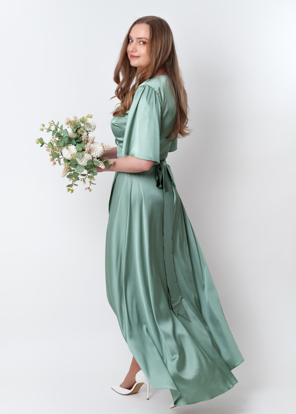 Sage green silk long wrap dress