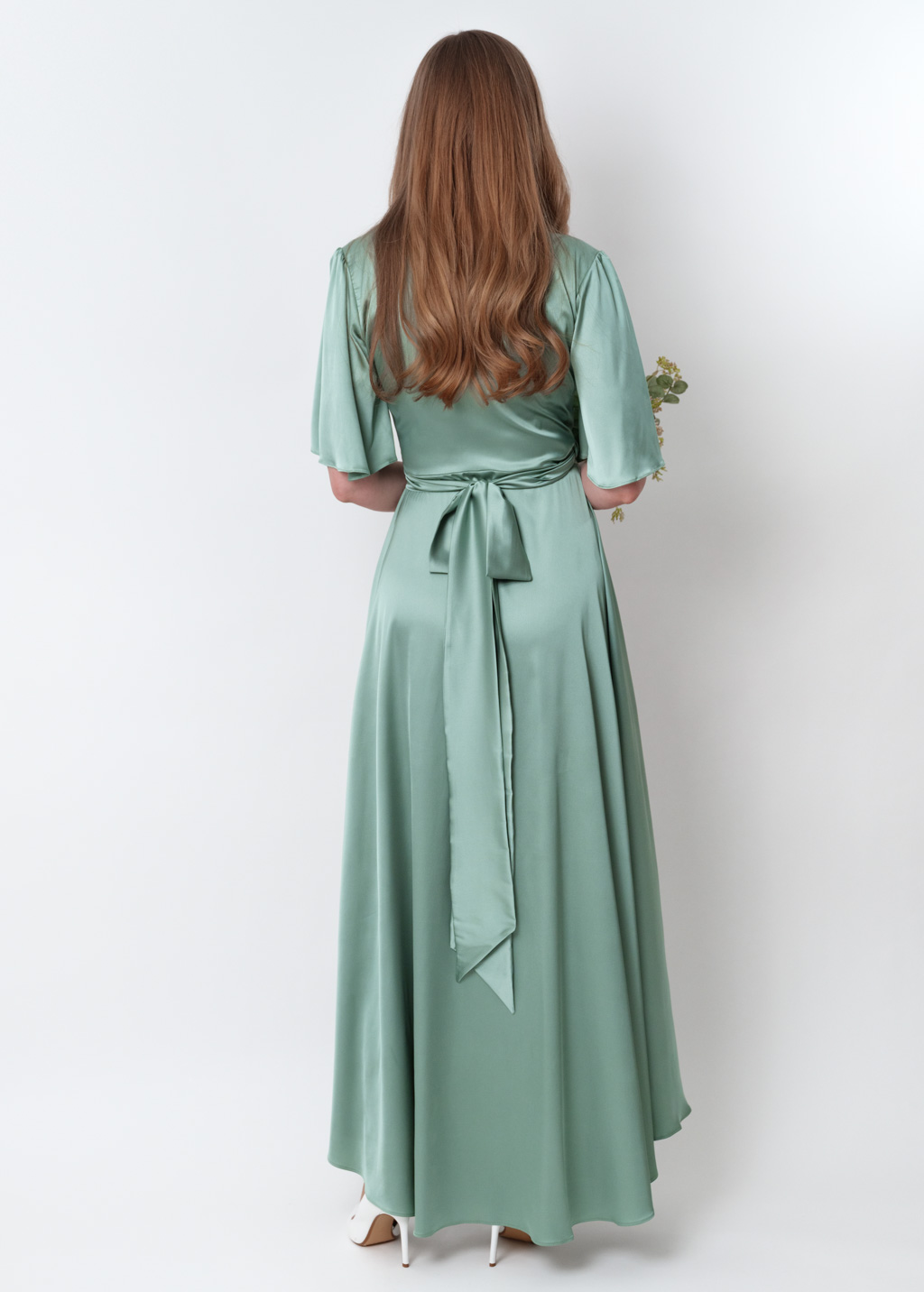 Sage green silk long wrap dress