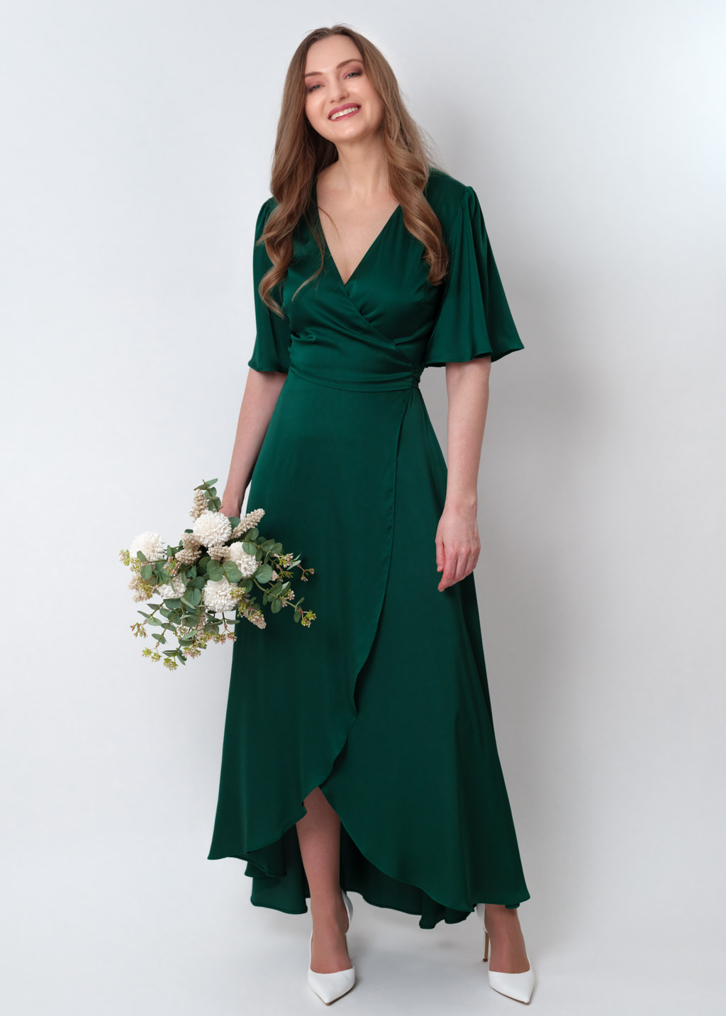 Dark green silk long wrap dress