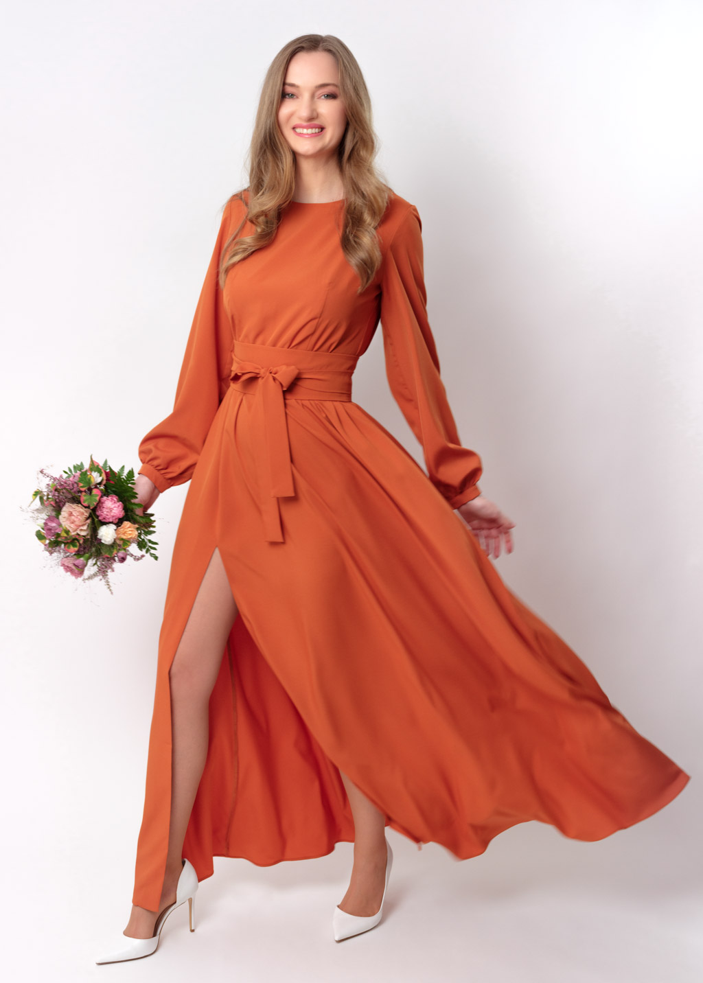 Rust orange slit dress with belt