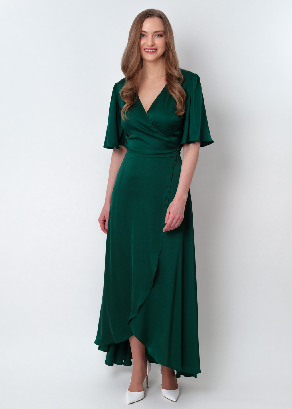 Dark green silk long wrap dress