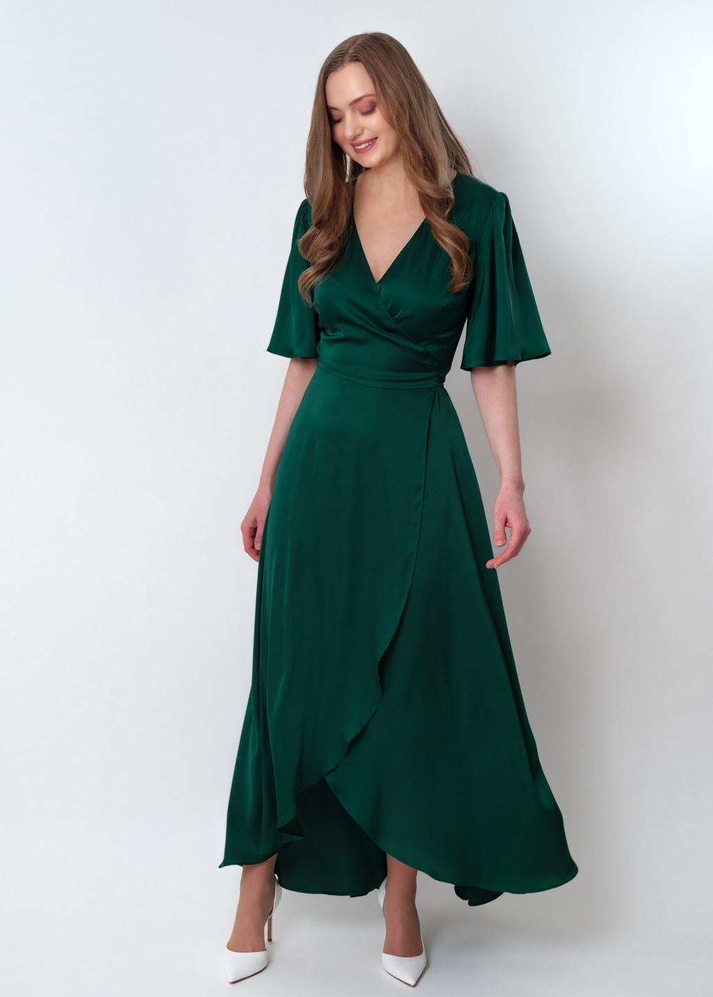 Dark green silk long wrap dress