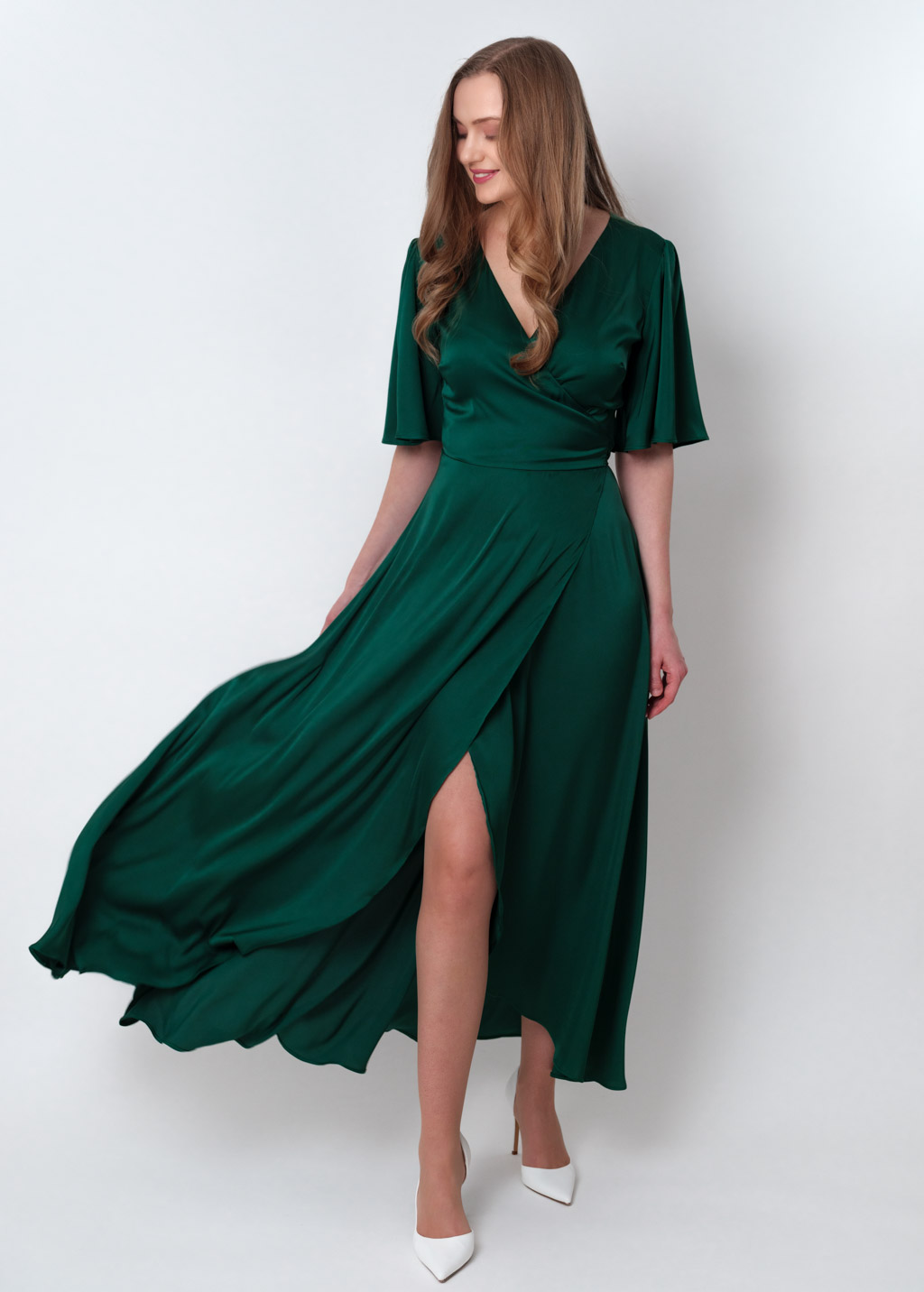 Dark green silk long wrap dress