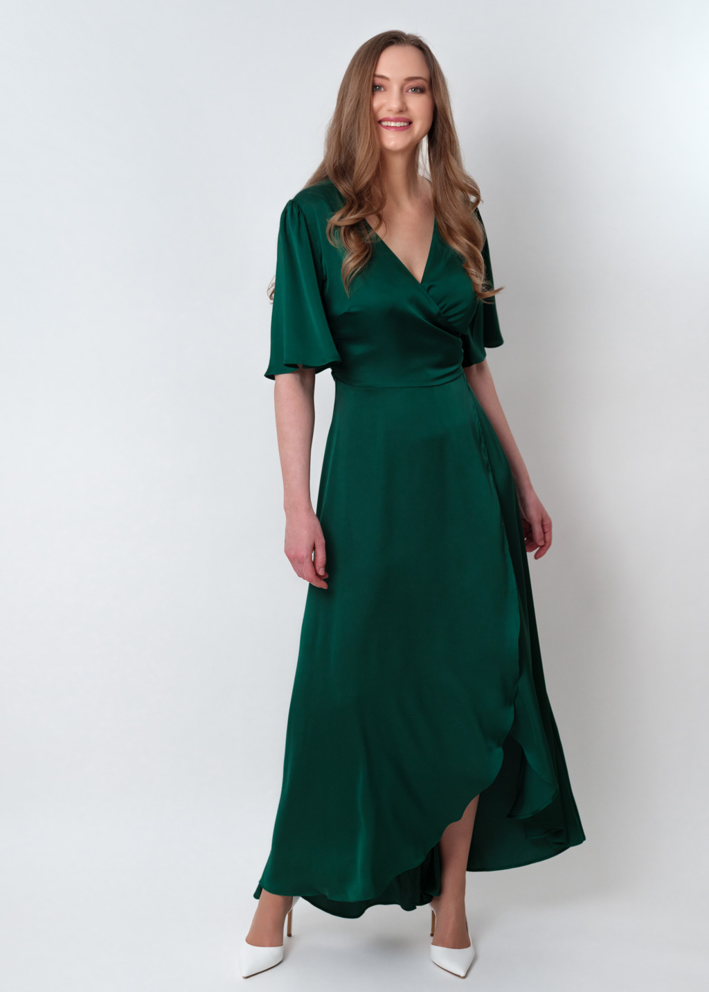 Dark green silk long wrap dress