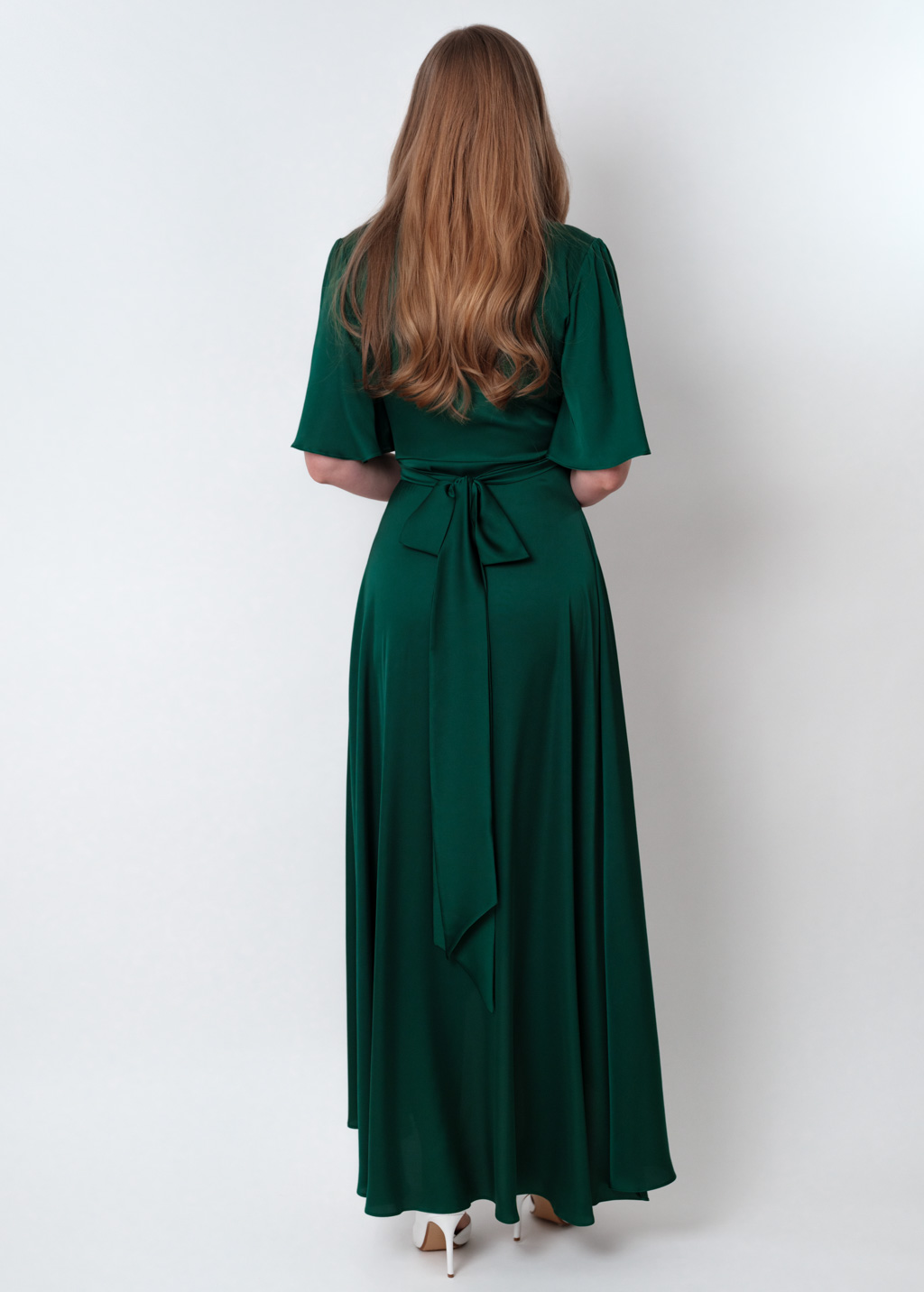 Dark green silk long wrap dress