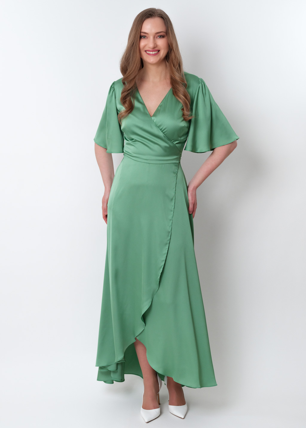 Olive green silk long wrap dress