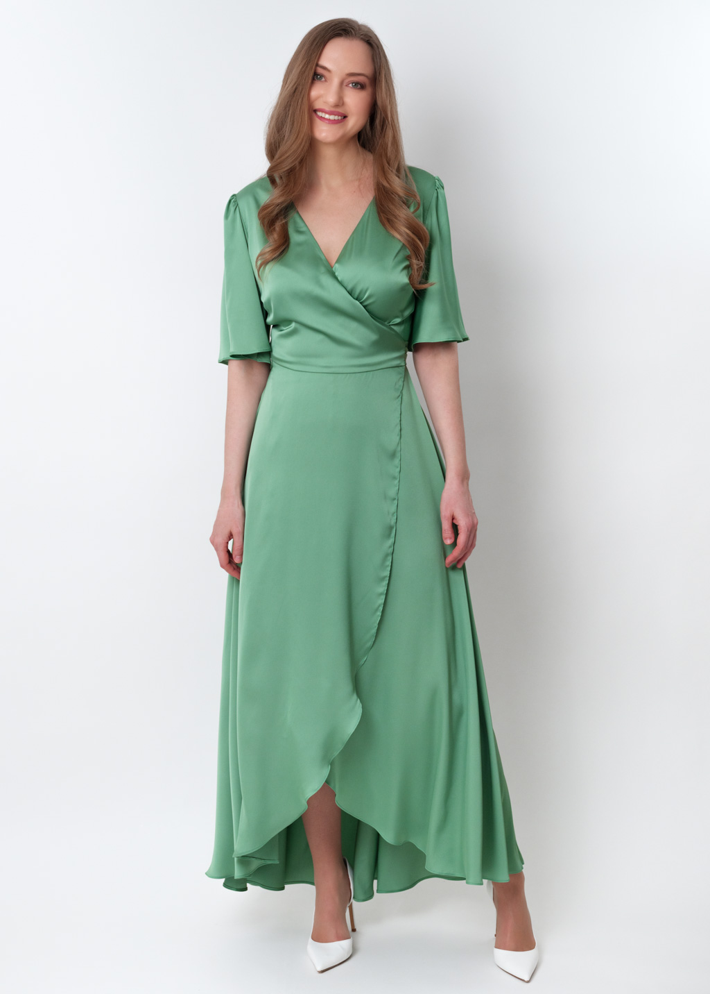 Olive green silk long wrap dress