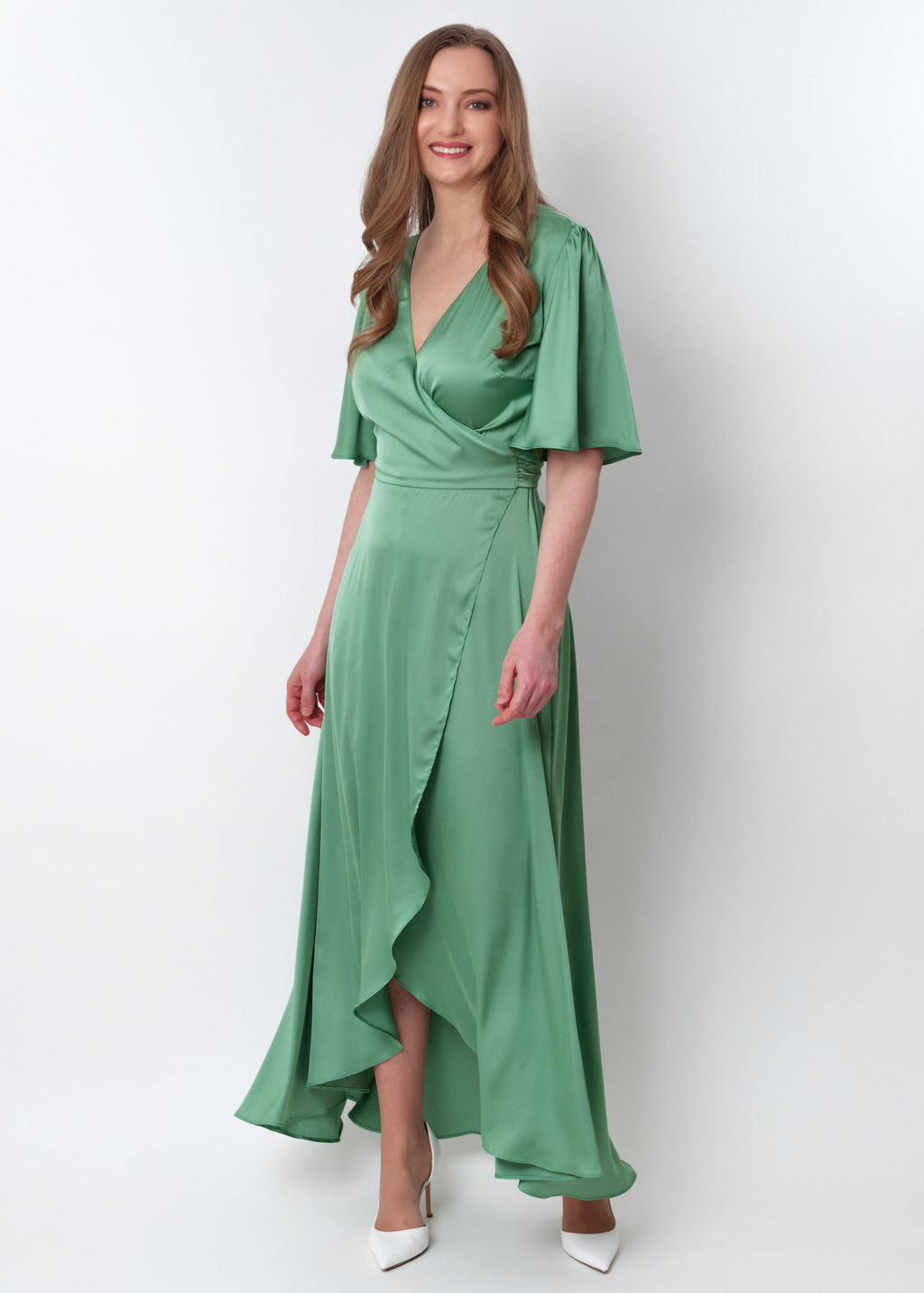 Olive green silk long wrap dress