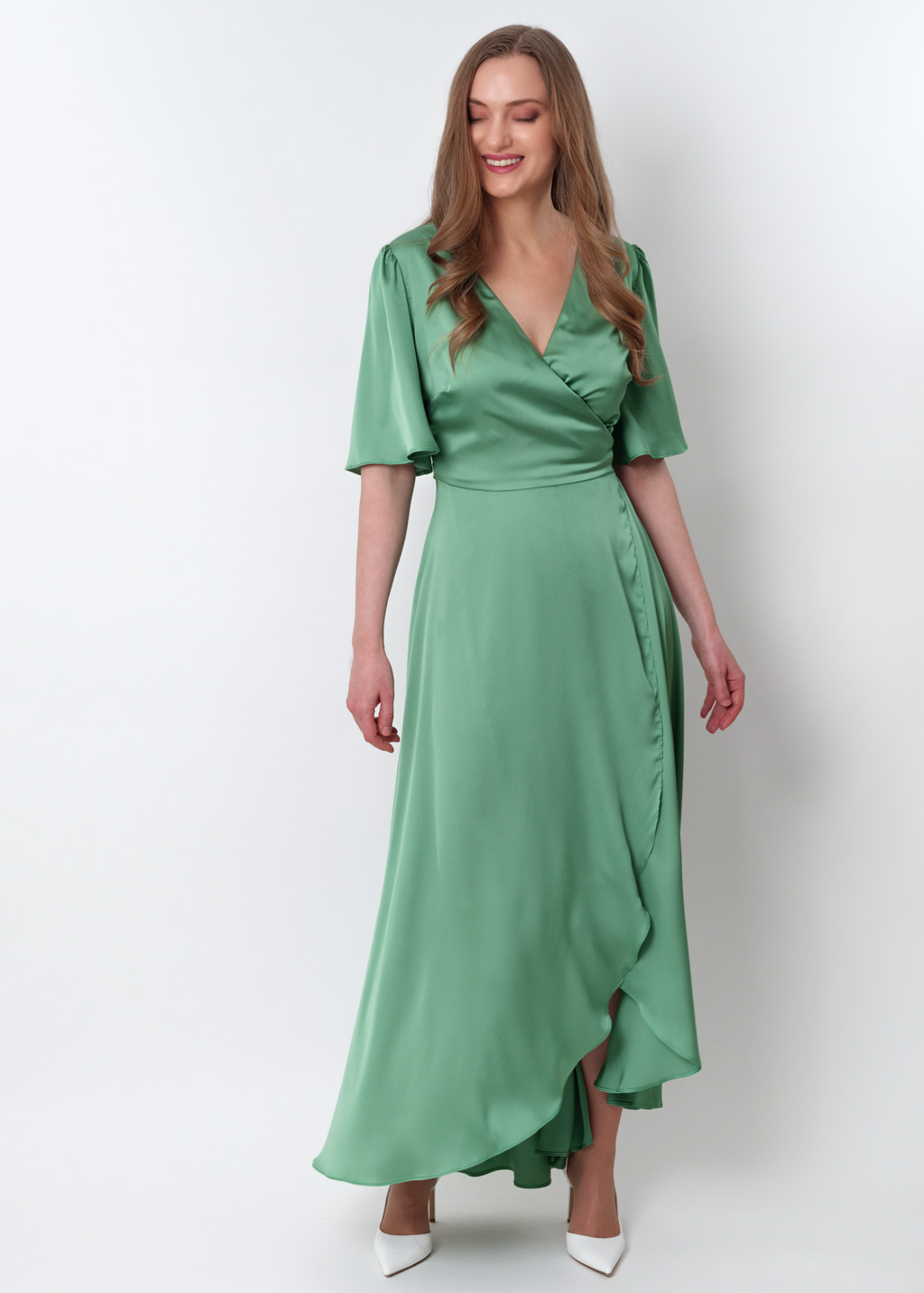 Olive green silk long wrap dress