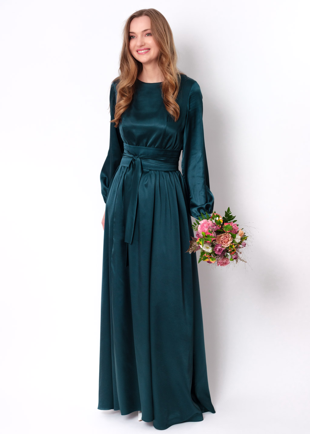 Dark teal green silk dress with belt, long slit dress, bridesmaid dress ...