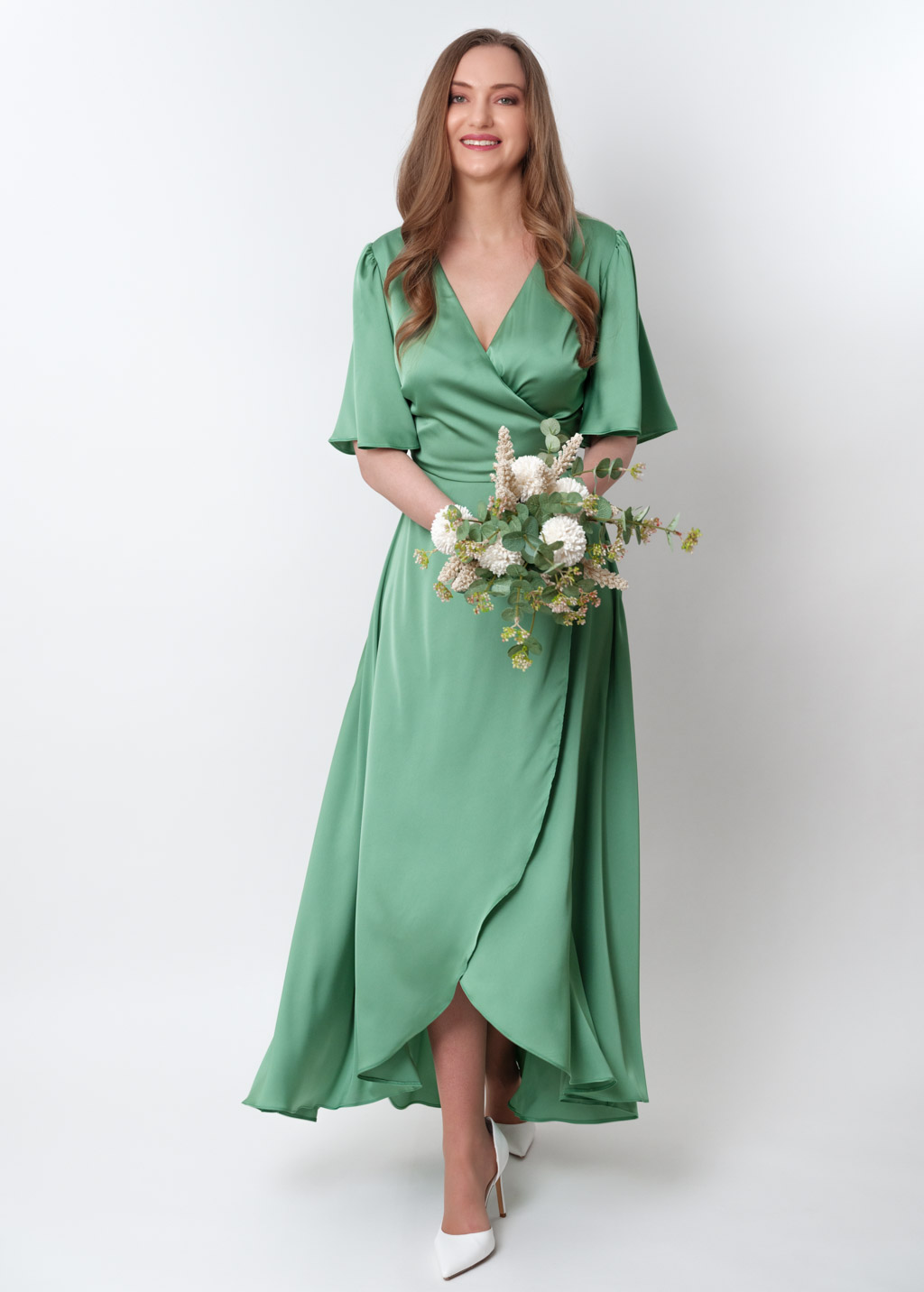 Olive green silk long wrap dress