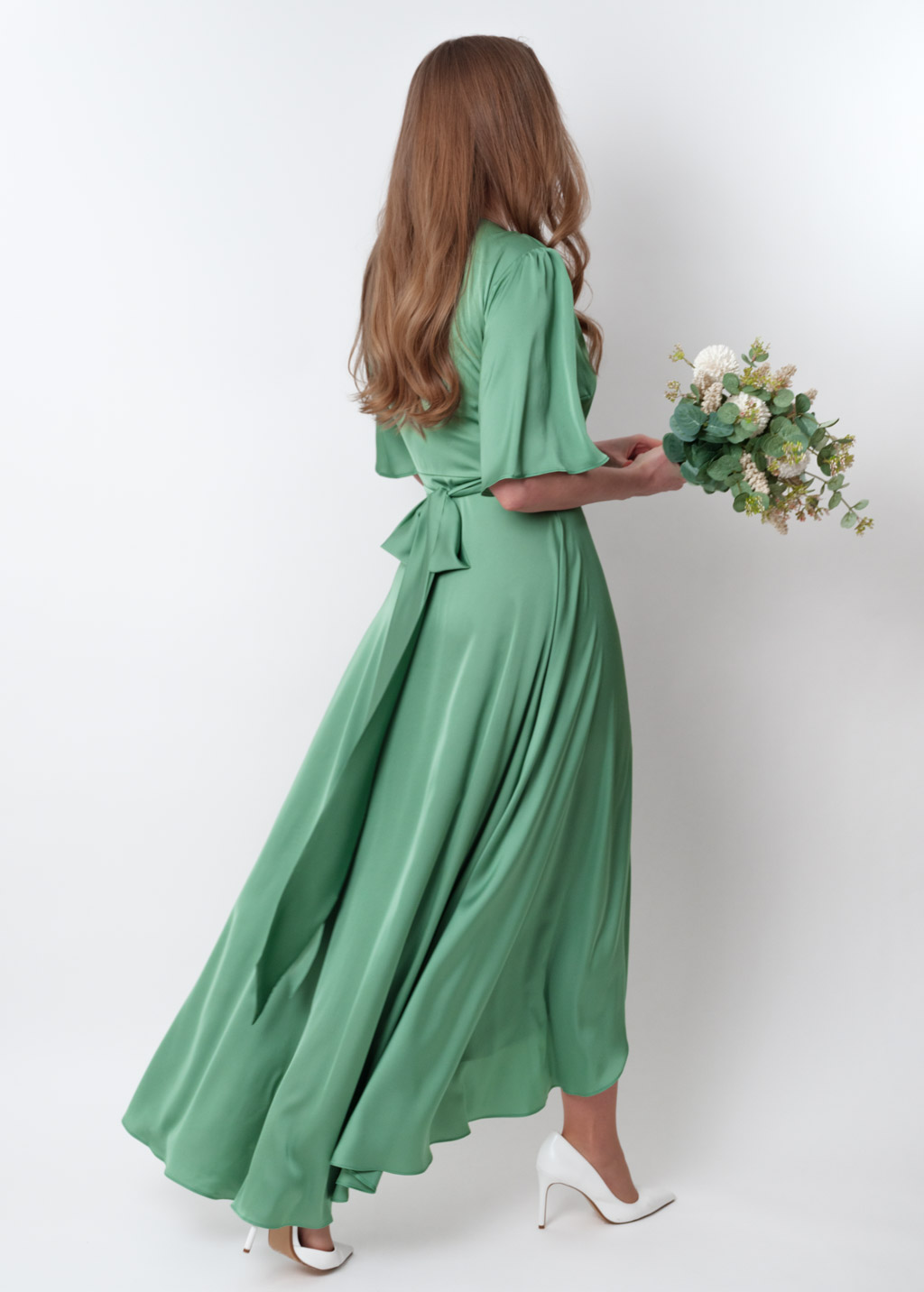 Olive green silk long wrap dress