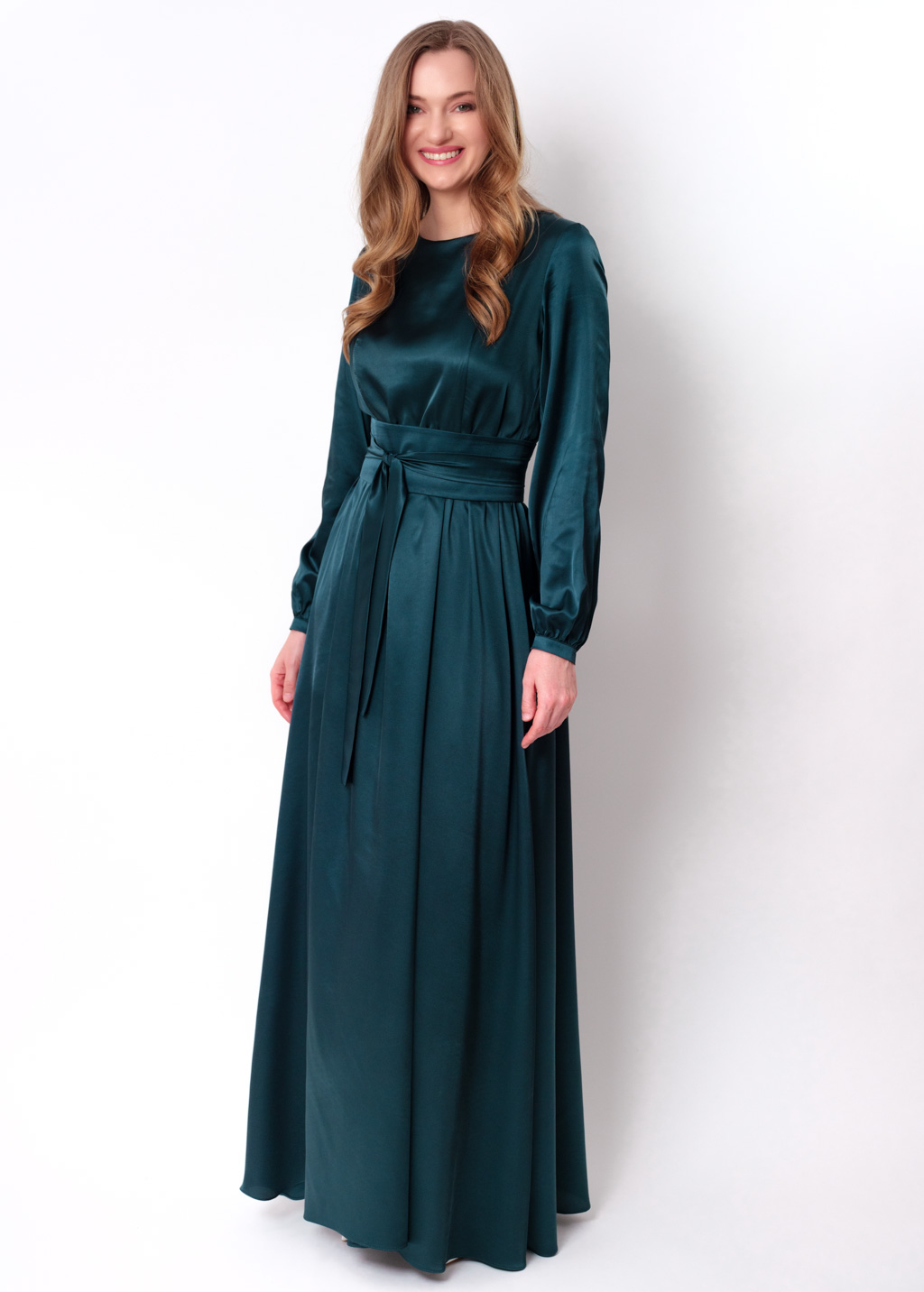 Dark teal green slit silk dress with belt