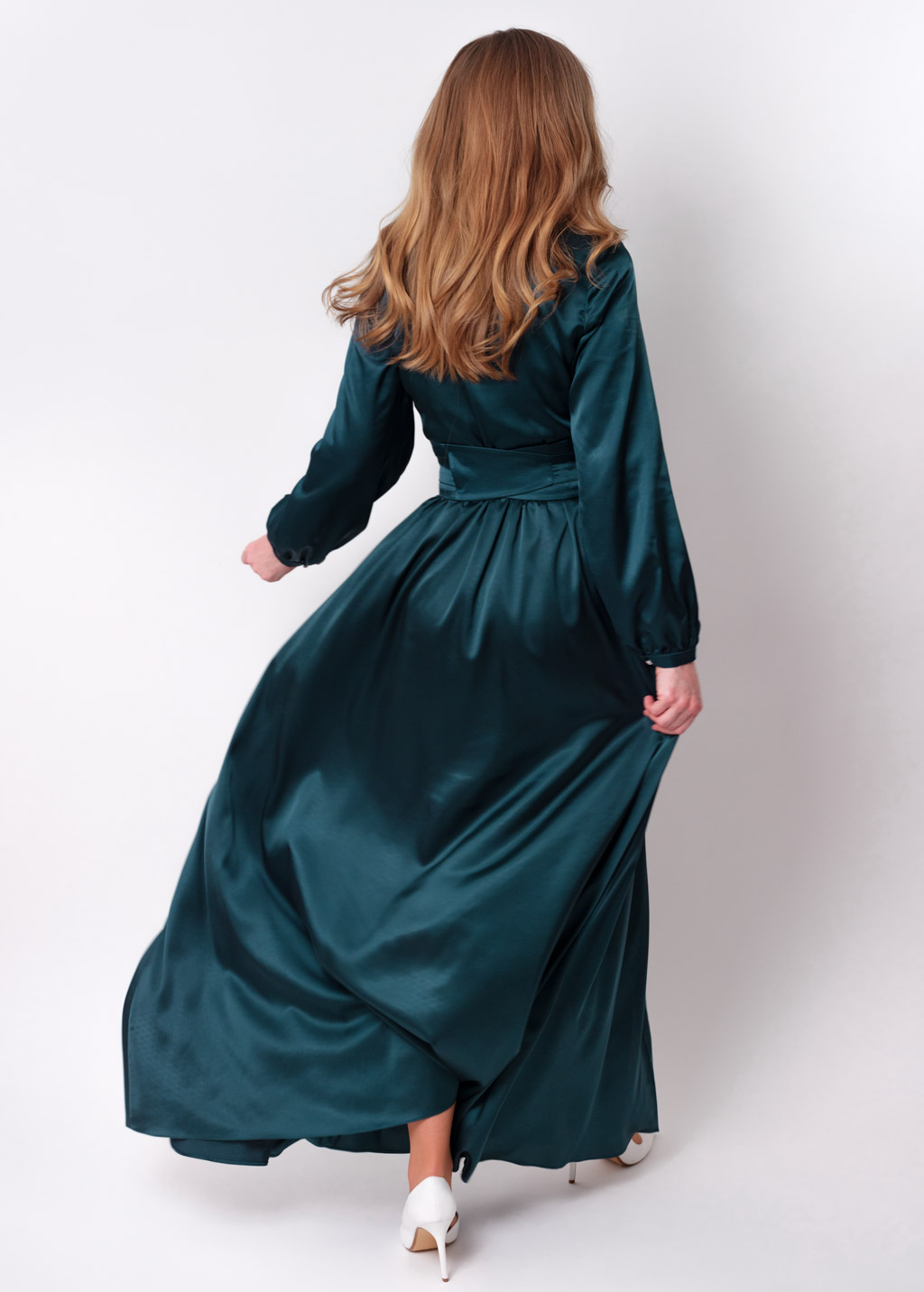 Dark teal green slit silk dress with belt