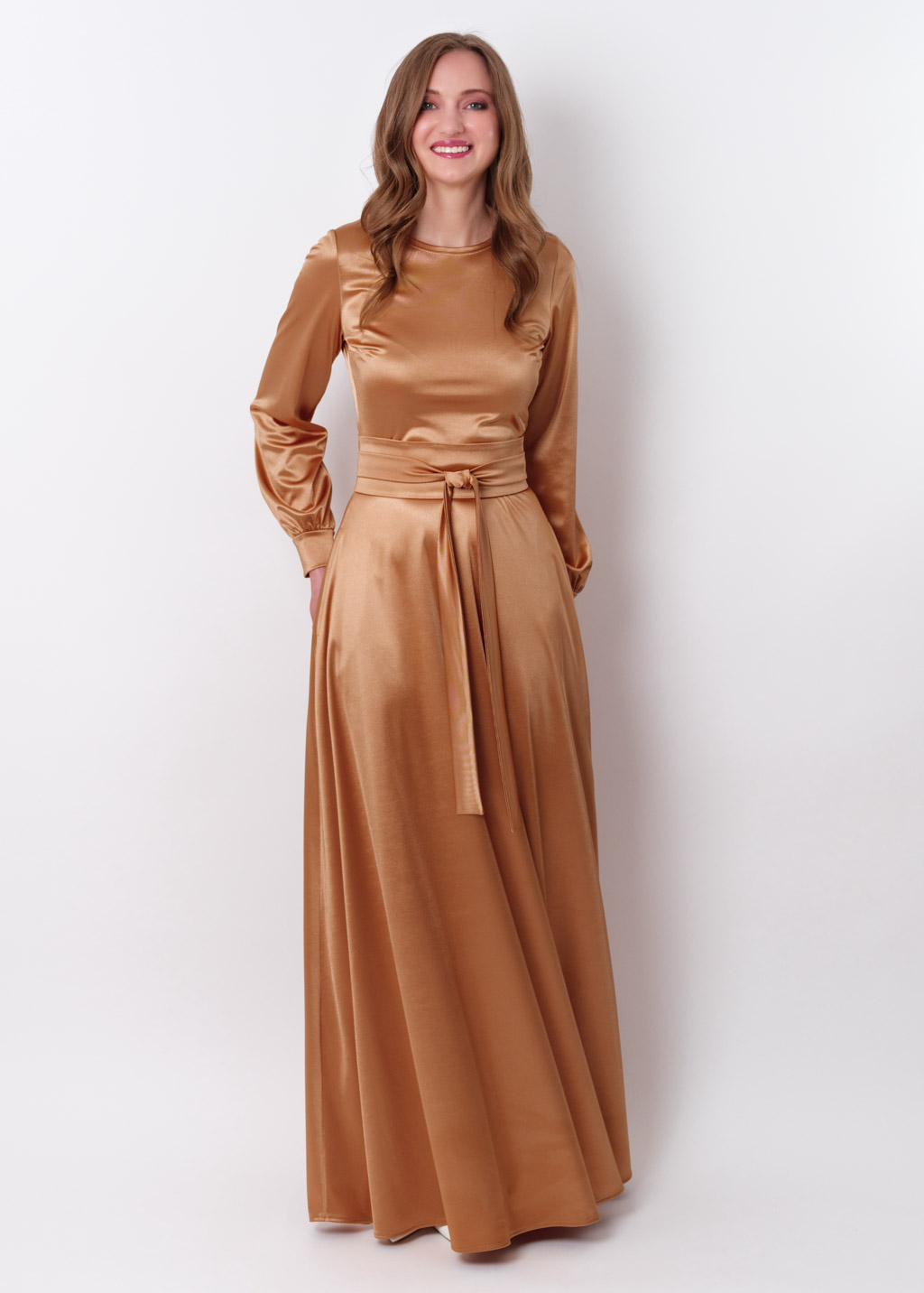 Gold luxury satin dress with belt