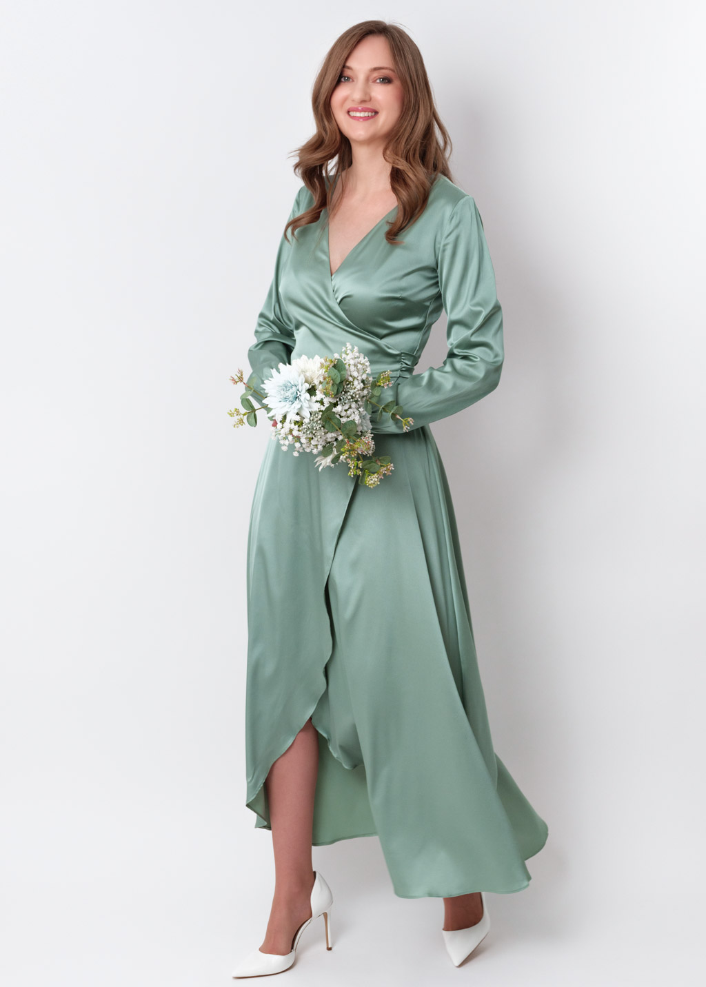Sage green silk long wrap dress