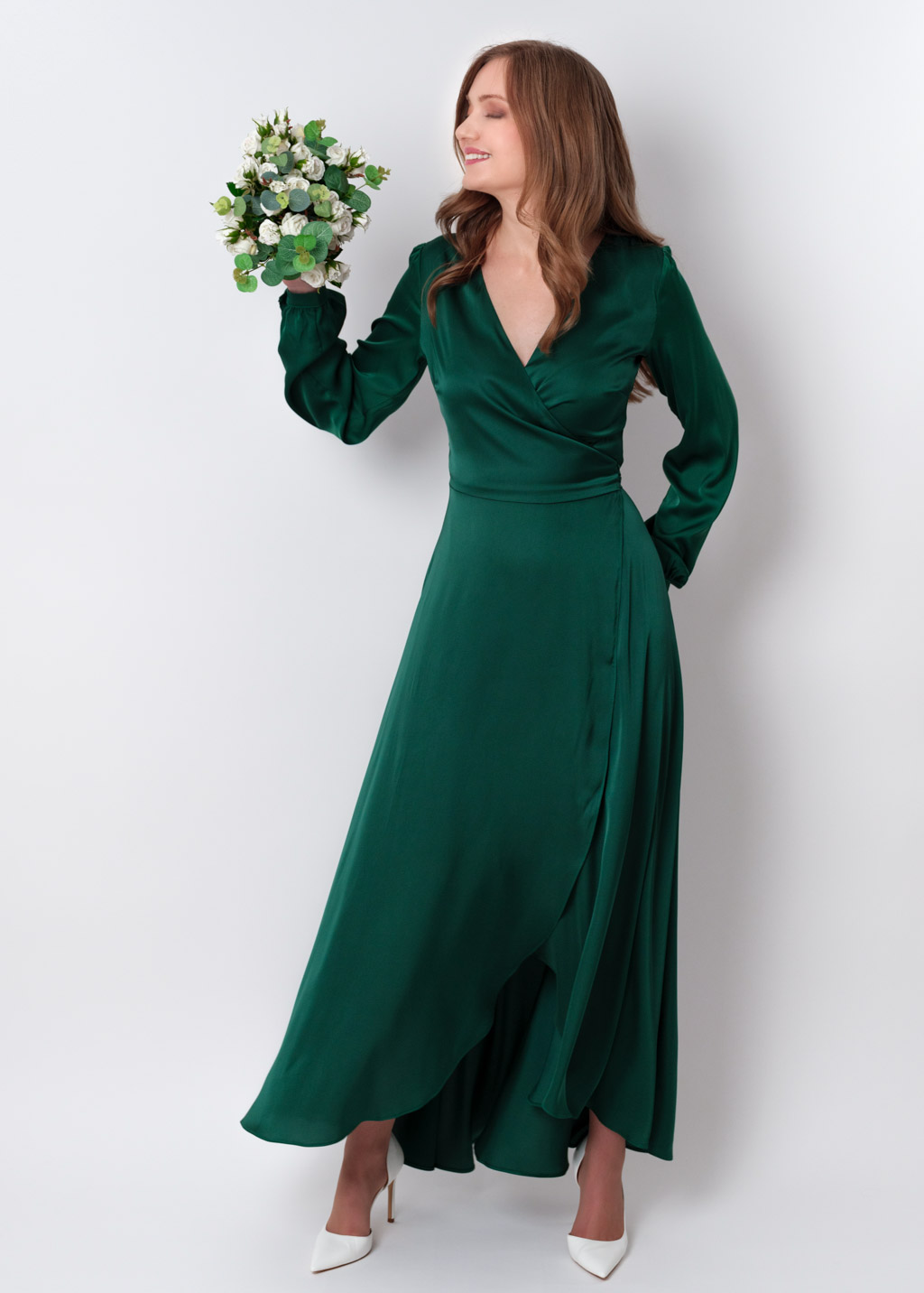 Dark green silk long wrap dress