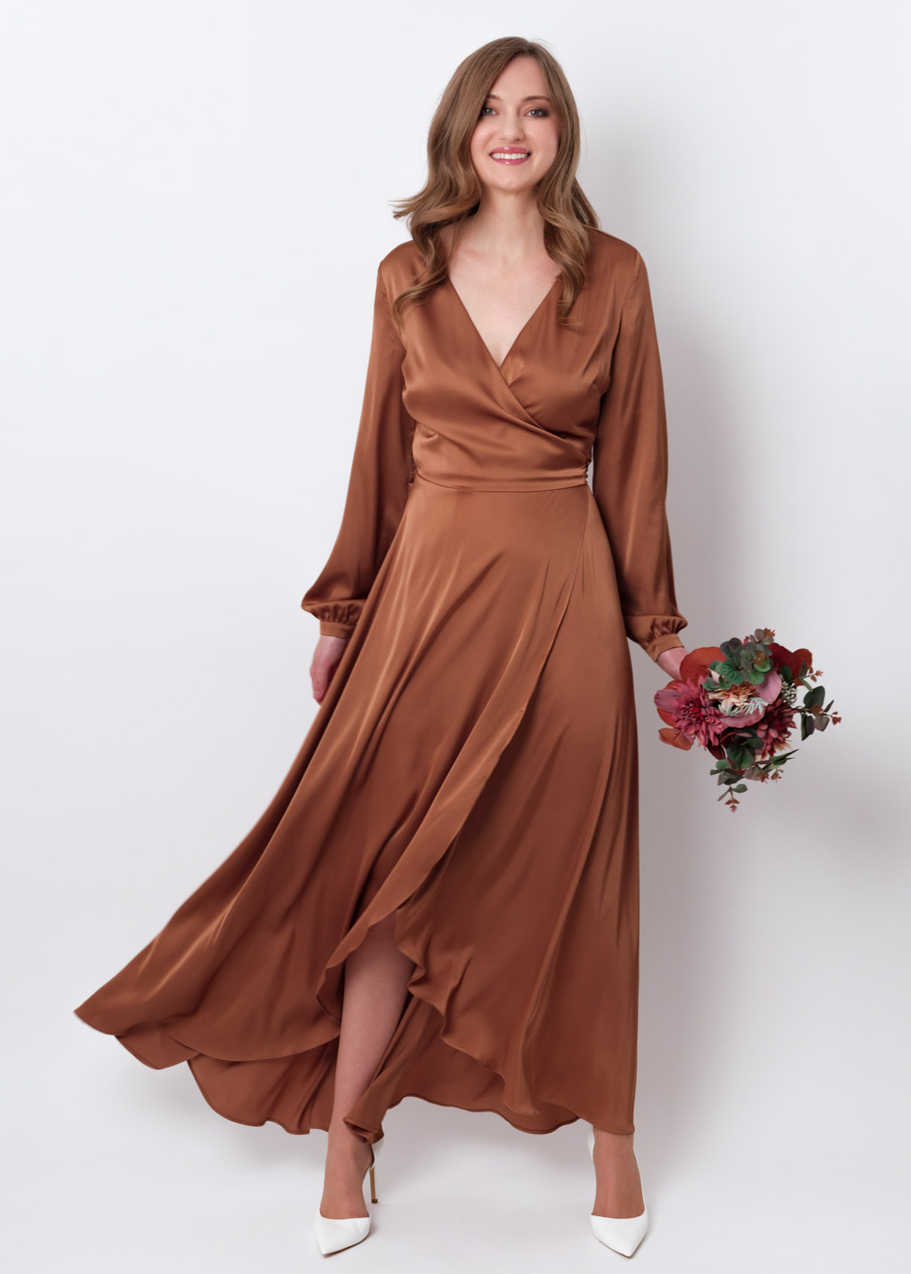 Copper gold silk long wrap dress