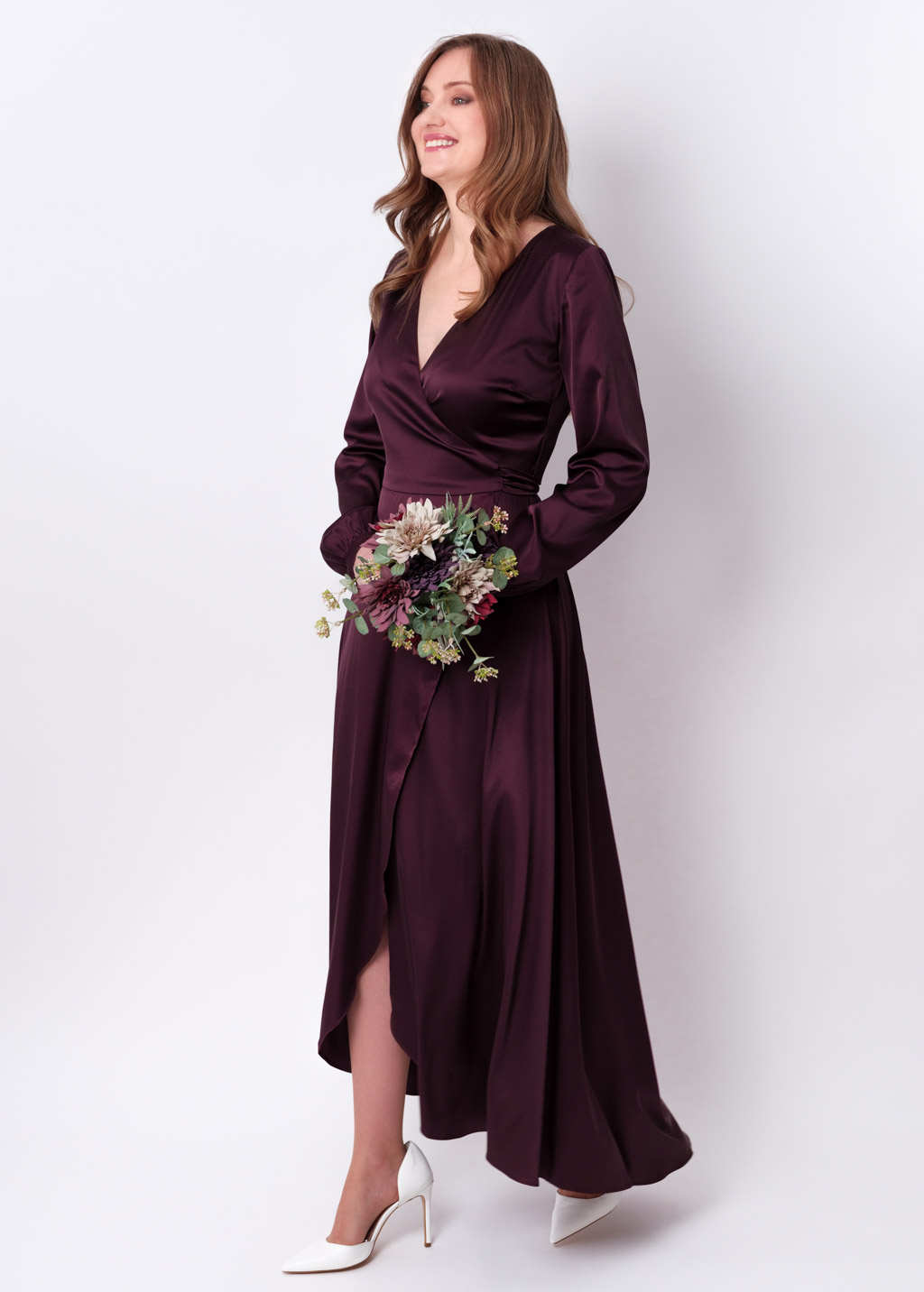 Dark burgundy silk long wrap dress