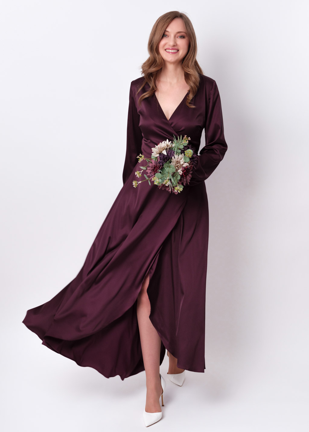 Dark burgundy silk long wrap dress