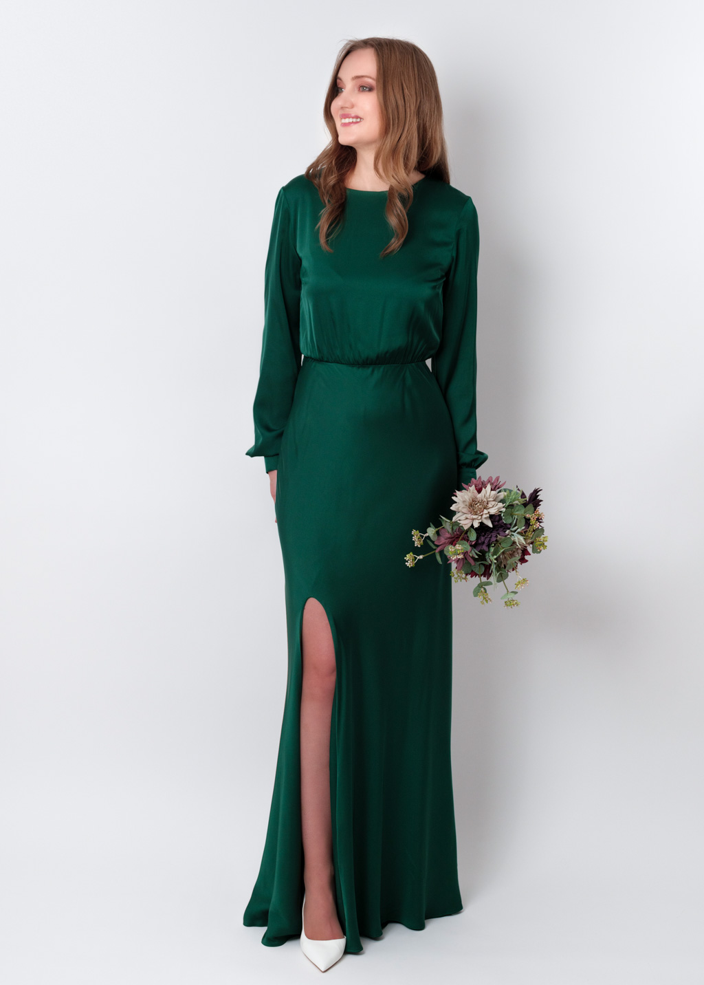 Dark green silk long knee slit dress