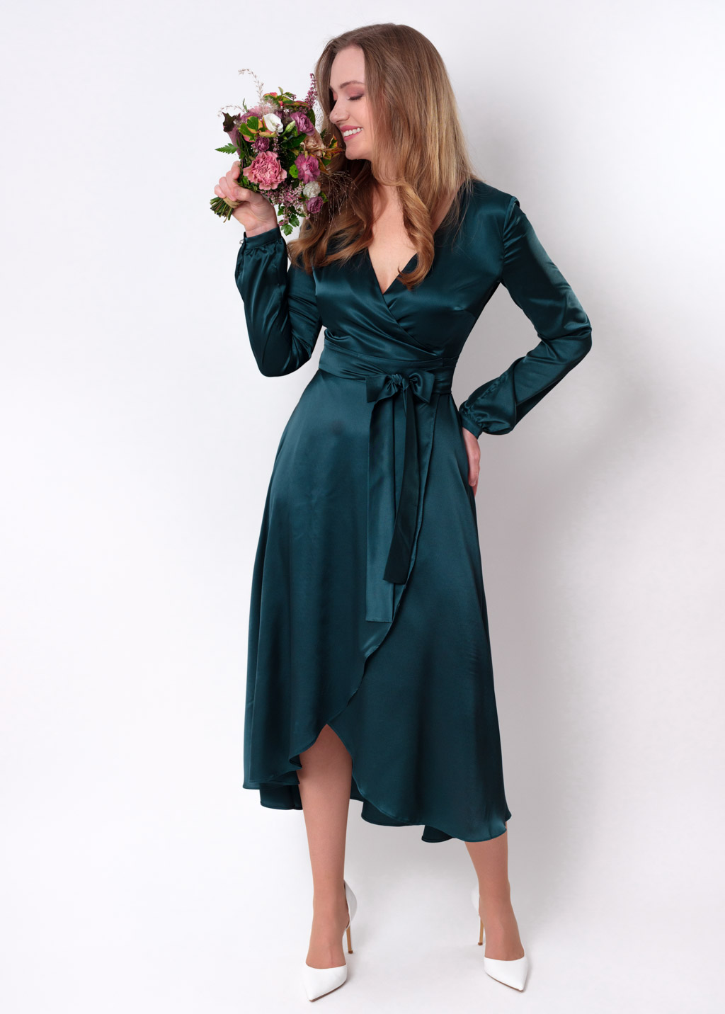 Dark teal green wrap dress