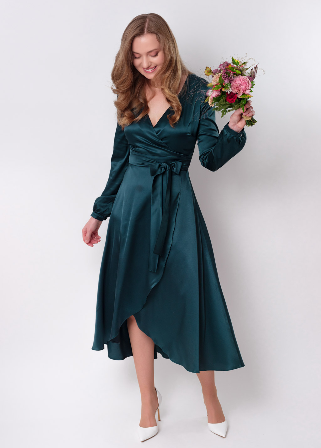 Dark teal green wrap dress