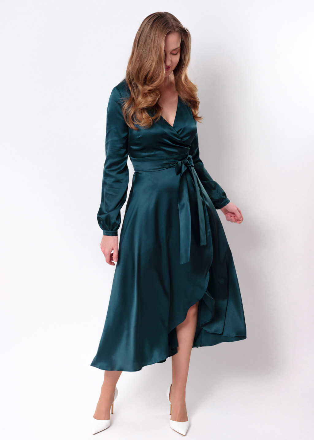 Dark teal green wrap dress