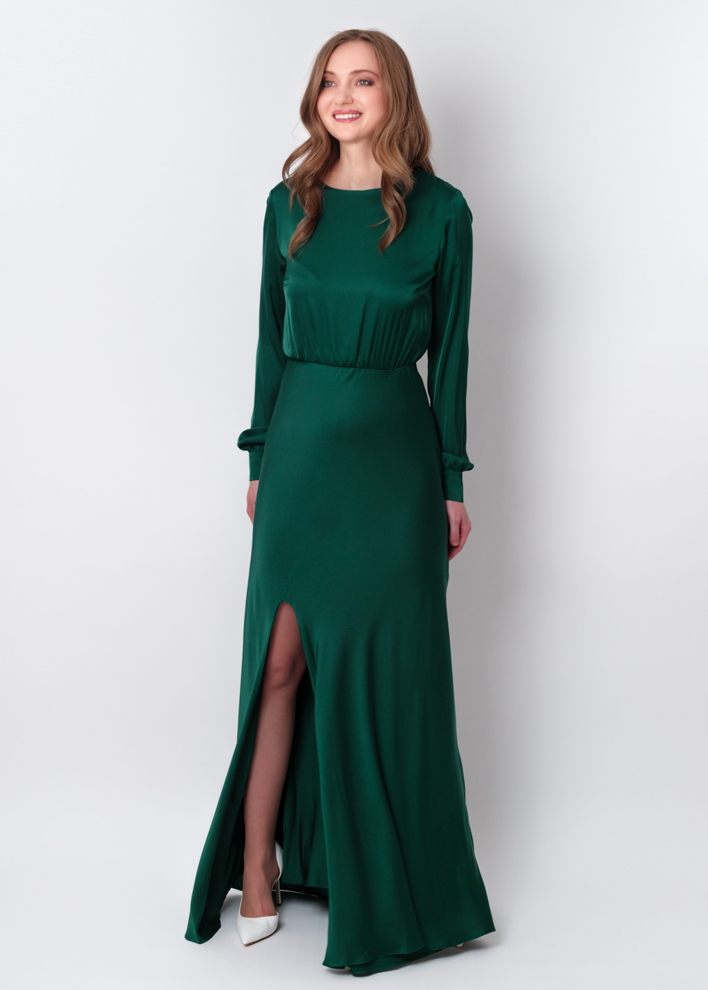 Dark green silk long knee slit dress