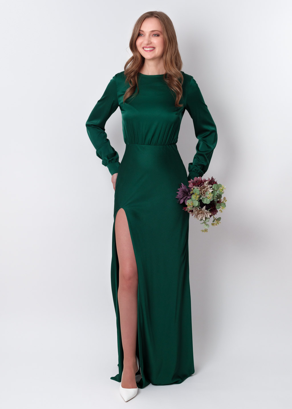 Dark green silk long high slit dress