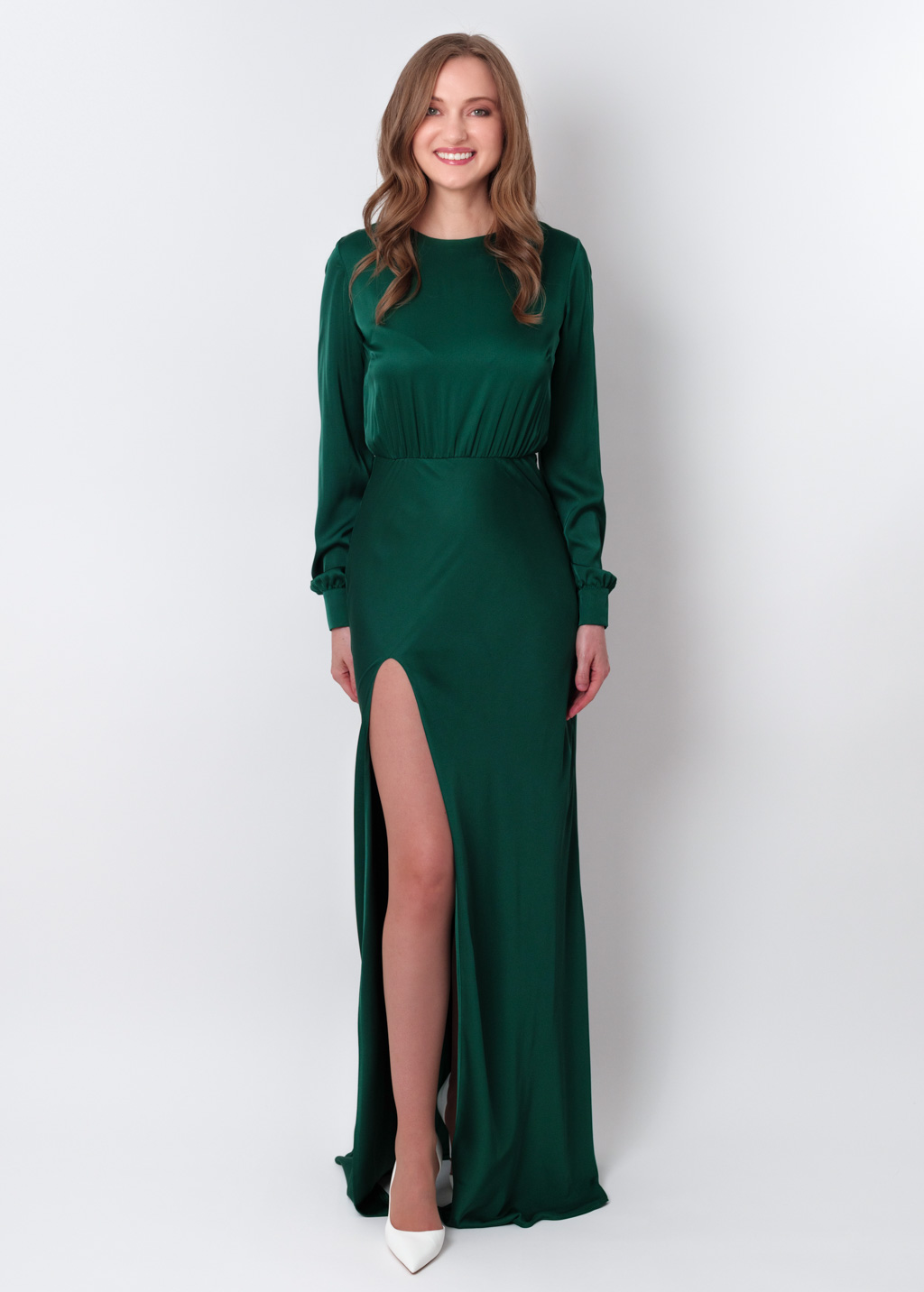 Dark green silk long high slit dress