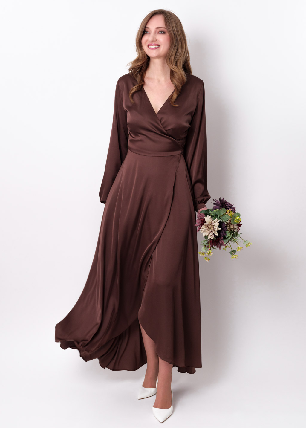 Chocolate brown silk long wrap dress