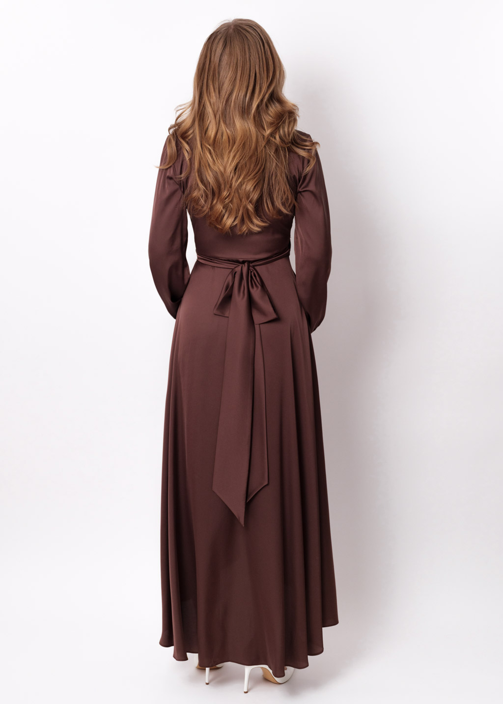 Chocolate brown silk long wrap dress