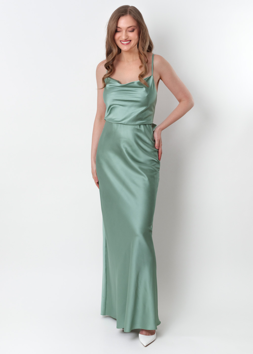 Sage green silk slip dress
