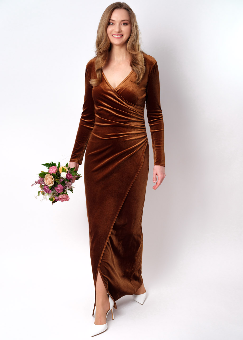 Rust gold long wrap bodycon velvet dress