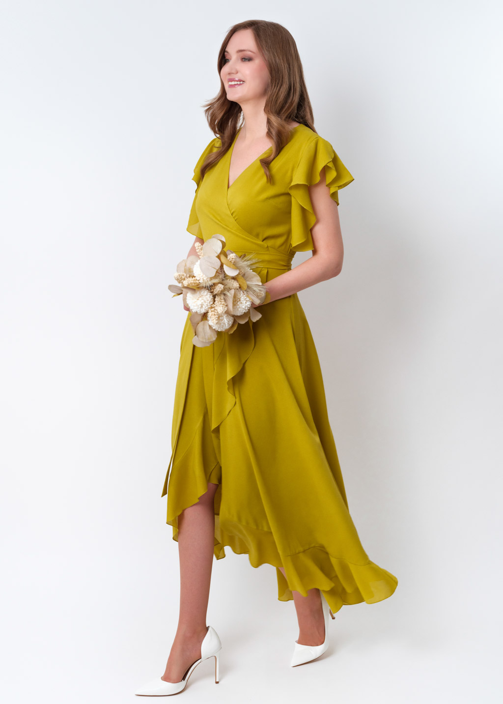 Yellow olive chiffon wrap dress