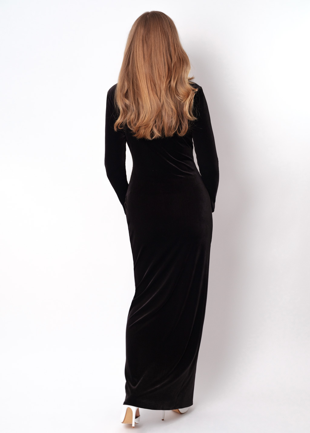 Black long wrap bodycon velvet dress